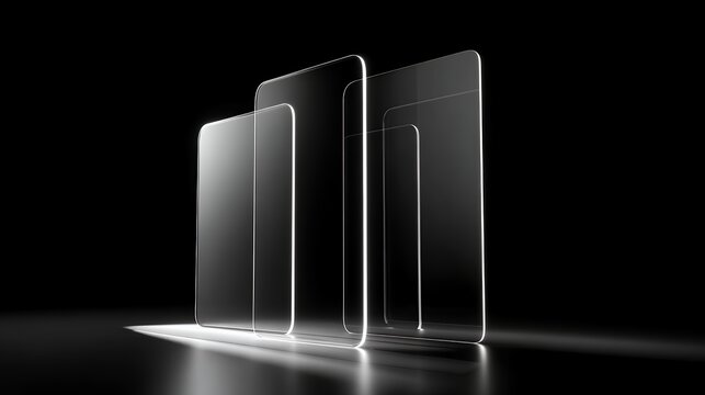 Abstract transparent glass panels with glowing edges on black background, futuristic 3D render for tech overlays and modern UI design