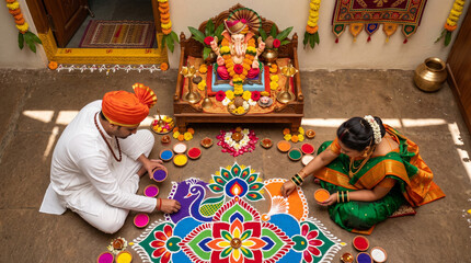 Naklejka premium Indian couple making peacock rangoli for Ganesh Chaturthi festival