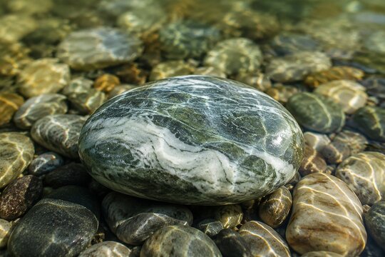 A smooth marbled soapstone pebble resting on a riverbed under clear water.