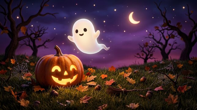Cute glowing ghost floating above a smiling jackolantern in a grassy autumn field under a starry night sky