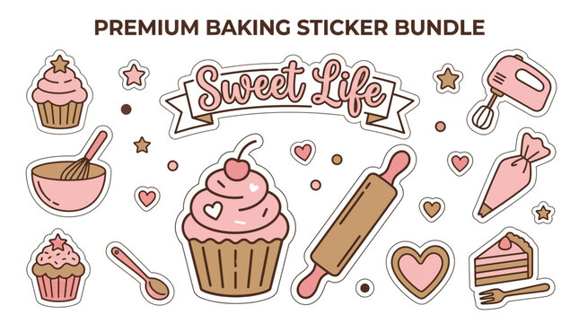 Premium Baking Sticker Bundle featuring Sweet Life elements with retro charm and pastel colors