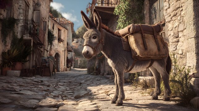 A donkey wearing a backpack stands on a cobblestone street with street small town standing cobblestone architecture transport buildings wildlife