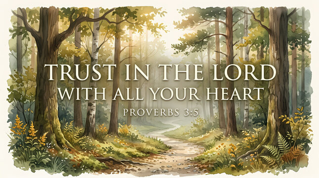 Sunlit forest path adorned with proverbs, bible verse text in peaceful woodland scene art suitable for religious and spiritual themes.
