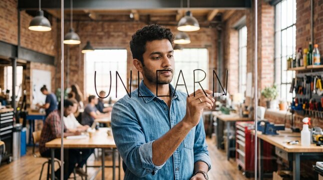 Young South Asian man writes the word unlearn on a glass wall in a bright workshop office