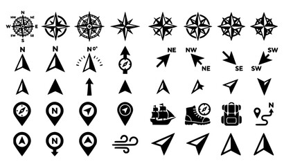 Navigation icons set compass directional arrows map markers and travel elements © Nirob