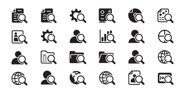 Set of diverse search icons with magnifying glass combined with documents settings and folders as vector graphics.