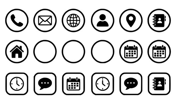 Black communication and location icons set contact and schedule symbols