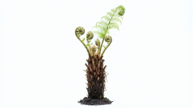 Young green tree fern fiddleheads unfurling from dark trunk isolated on white background representing growth new life and botanical nature