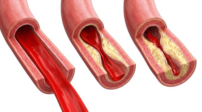 Progressive artery cross section showing healthy blood flow narrowing and advanced plaque blockage in cardiovascular disease