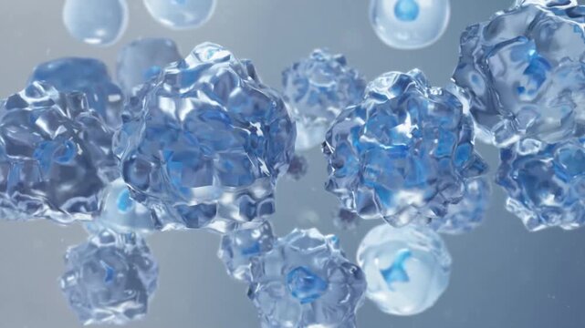 Chondrocytes in the cartilage microenvironment atrophy and deteriorate, leading to knee joint cartilage damage. 3D animation of cellular degeneration, matrix breakdown, and osteoarthritis progression.
