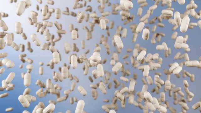 Oval white tablets swirl in mid-air, rotating endlessly, symbolizing continuous medication supply and the risk of abuse. 3D animation of pill flow and overuse.