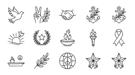 Peace Symbols and Icons Collection: Dove, Laurel Wreath, Globe, Torch, Ribbon, Handshake © Teh