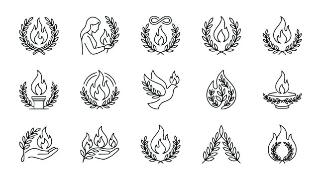 Sacred Flame Icons: Laurel Wreath, Dove, Torch, and Hand Symbols