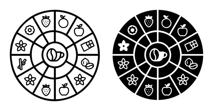 Food Flavor Pairing Wheel, Fruit & Coffee Combinations, Culinary Ingredient Icons, Vector Set