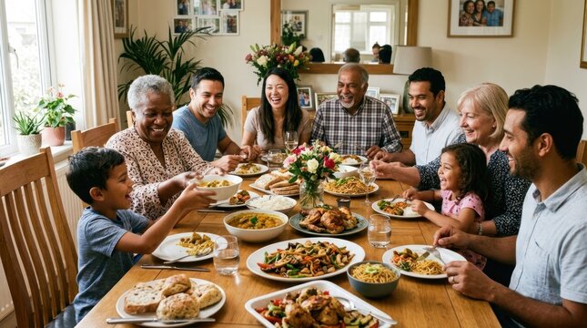 A family gathered around a dining table, enjoying a meal together.