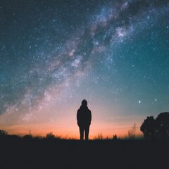 Fototapeta premium Silhouette of a lone individual gazing at a breathtaking starry night sky with vibrant galaxy with soft twilight glow with captures solitary figure