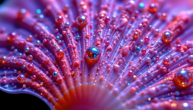 The image features a close up view of a vibrant, colorful structure resembling tentacles or spines radiating outward from a central point