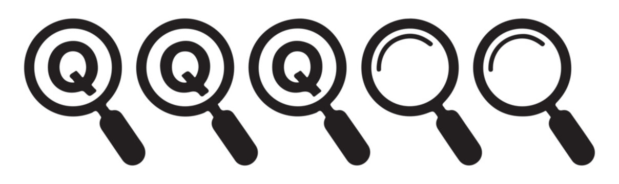 Search magnifier or zoom sign icon set with letter Q and simple magnifying glass. flat search symbol set.