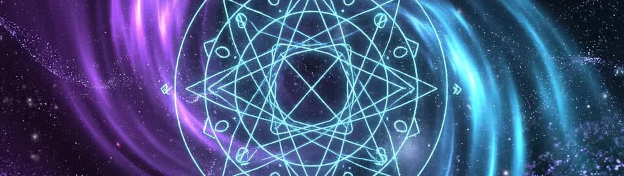 Arcane geometric symbol emitting light in an ethereal spiral expanse representing esoteric knowledge and celestial mysteries.
