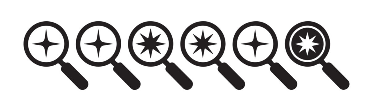 Search magnifier or zoom sign icon set with star symbol. flat magnifying glass with star mark for focus.