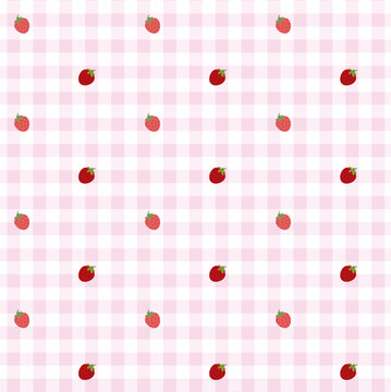 Cute Strawberry Seamless Pattern on Pink Gingham Check Background, Kawaii Summer Fruit Repeat Wallpaper, Sweet Picnic Textile Print