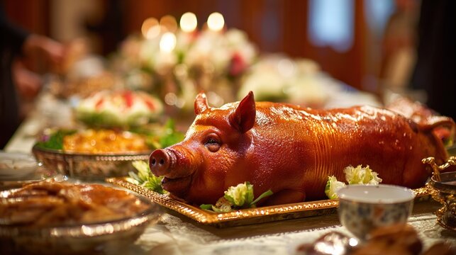 suckling. A golden-brown roasted suckling pig as the centerpiece of a feast. menu design, packaging mockups, designed for food delivery and cloud-kitchen brand materials, inspires cooking.