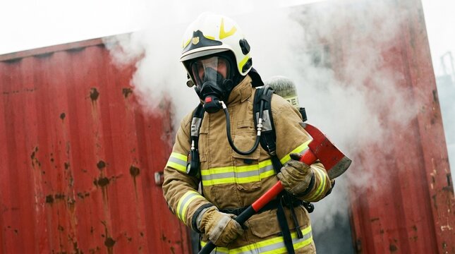 A firefighter carries a rescue axe near a smoky metal container.