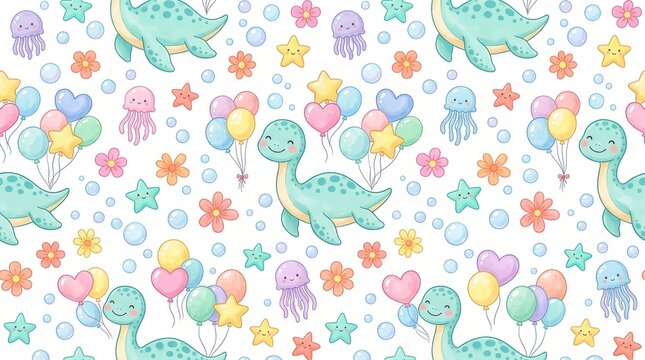Plesiosaurs swim with balloons, starfish, flowers, and bubbles