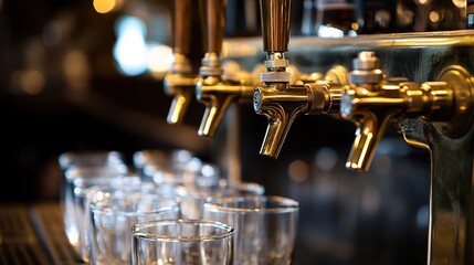 Obraz premium barware. A vintage brass beer tap on a dark wooden bar with empty glass mugs. bar promotions, beverage menus, designed for food & beverage menus and cafe branding, used by logistics managers.