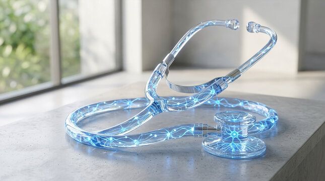 Futuristic stethoscope with glowing neural network on desk