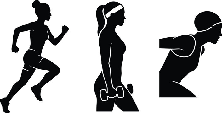 Fitness Woman Silhouette Set with Running, Dumbbell Workout, and Push Up Poses for Gym, Exercise, and Healthy Lifestyle Designs