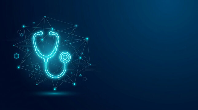 Digital stethoscope network with glowing lines on dark blue background