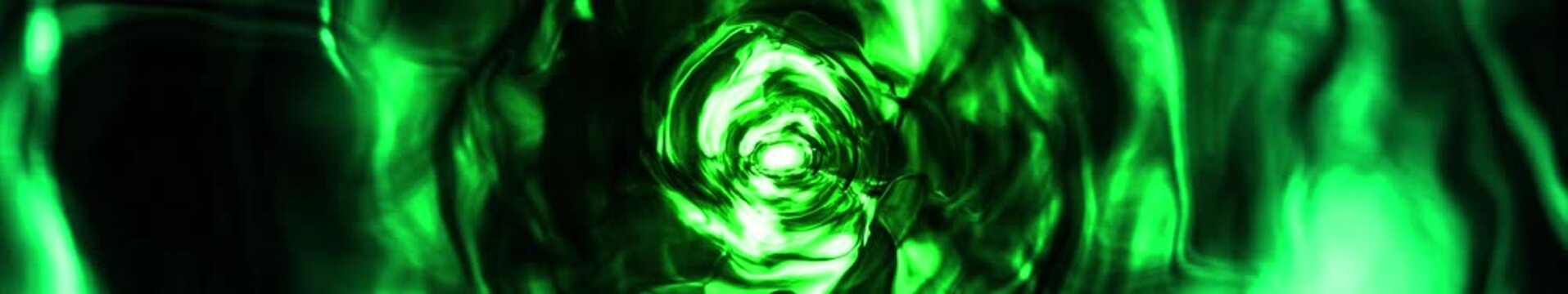Emerald green glowing liquid vortex tunnel with bright core in panoramic widescreen, seamlessly looped video
