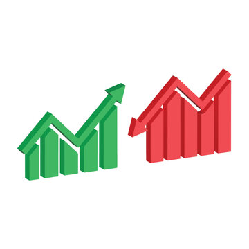 Up and down 3d bar chart icons in green and red colors