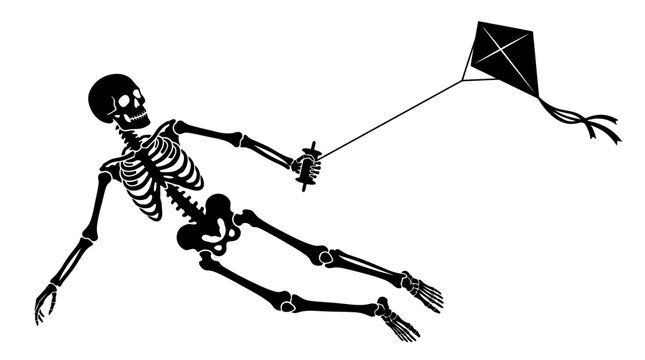 Helloween Black skeleton flying kite, spooky vector icon, Halloween symbol, bone figure vector