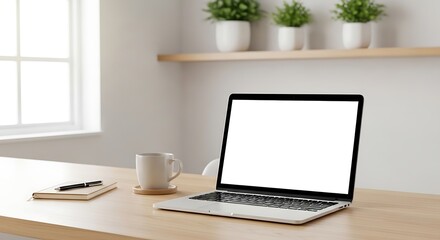 Fototapeta premium Laptop on desk with coffee and plants in background, minimalist workspace