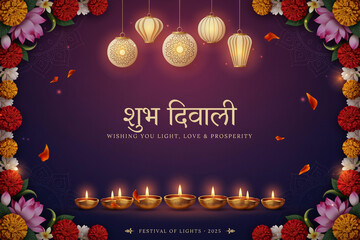 Naklejka premium Shubh Diwali greeting card with traditional oil lamps and marigold flowers, festive purple background with hanging lanterns, elegant festival of lights banner