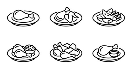 Chicken Food Icons, Six Plate Illustrations, Simple Line Art, Delicious Meal Graphics © Nusrat