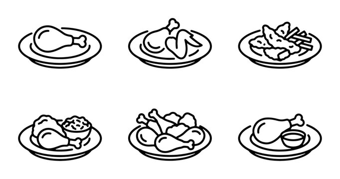 Chicken Food Icons, Six Plate Illustrations, Simple Line Art, Delicious Meal Graphics