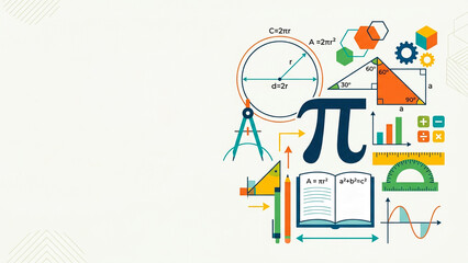 Obraz premium Pi symbol mathematics background with geometry elements, formulas, and copy space for education, science, engineering, and STEM concepts.