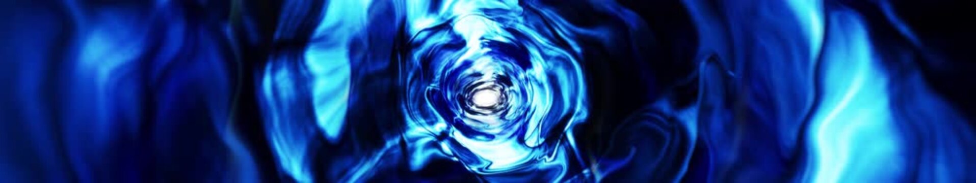 Deep blue glowing vortex tunnel with liquid waves and bright core in panoramic widescreen, seamlessly looped video
