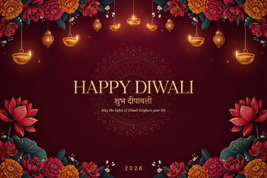 Happy Diwali 2026 greeting card, elegant maroon background with hanging diya oil lamps and lotus flowers, traditional Indian festival of lights banner