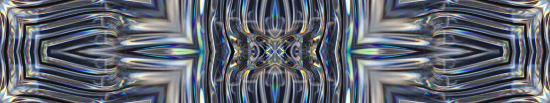 Rotating crystal prism with mirrored glass refraction and rainbow highlights in panoramic widescreen, seamlessly looped video