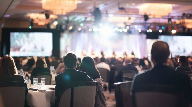 People sit at tables watching a presentation on a stage during a conference in a large venue with lights and screens