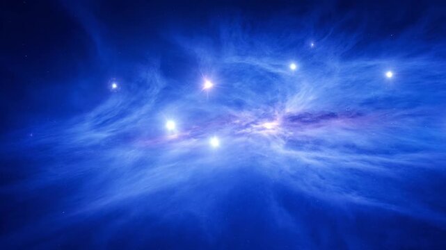 Deep space nebula with glowing stars and cosmic dust clouds in blue galaxy background