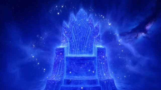 Ethereal glowing throne in deep space with magical blue nebula particles and stardust