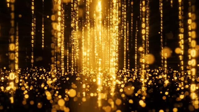 Glowing Golden Digital Binary Data Stream Particles Falling In Abstract Cyberspace Background
