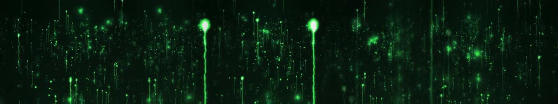 Green matrix hacking digital rain with glowing data particles on dark background, panoramic widescreen, seamlessly looped video