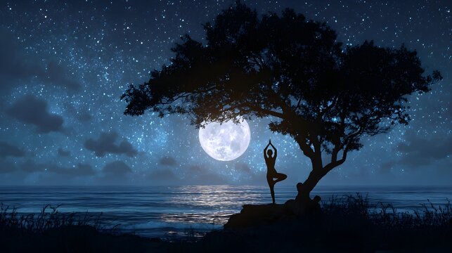 Yogi in tree pose under full moon and starry night sky by the ocean with reflected calm ocean rocky beach night silhouette yogi meditation with relaxation