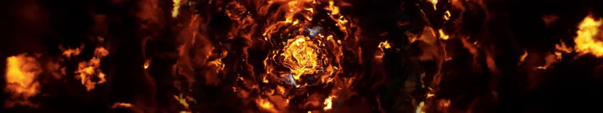 Fiery flame vortex tunnel with burning orange energy and dark smoke in panoramic widescreen, seamlessly looped video